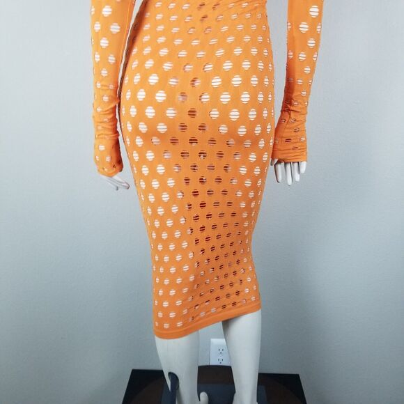Maisie Wilen Orange Laser-Cut Perforated Orange Midi Bodycon Dress One Size - Picture 6 of 14